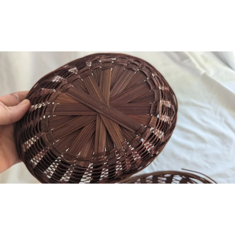Set of 2 Vintage Dark Brown Woven Bamboo Oval Storage Baskets 8 Inch